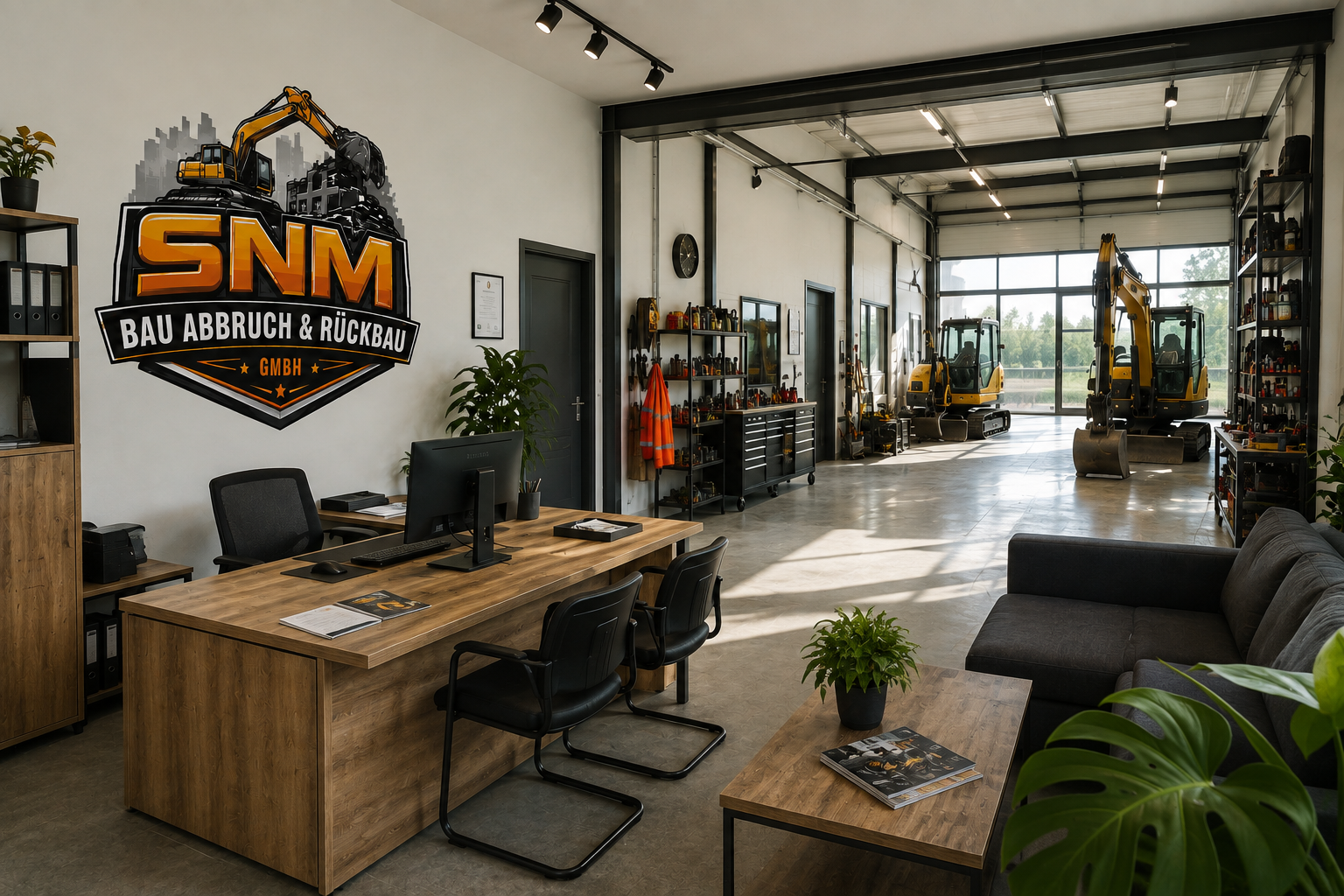 Büro und Werkstatt von SNM BAU mit Firmenlogo